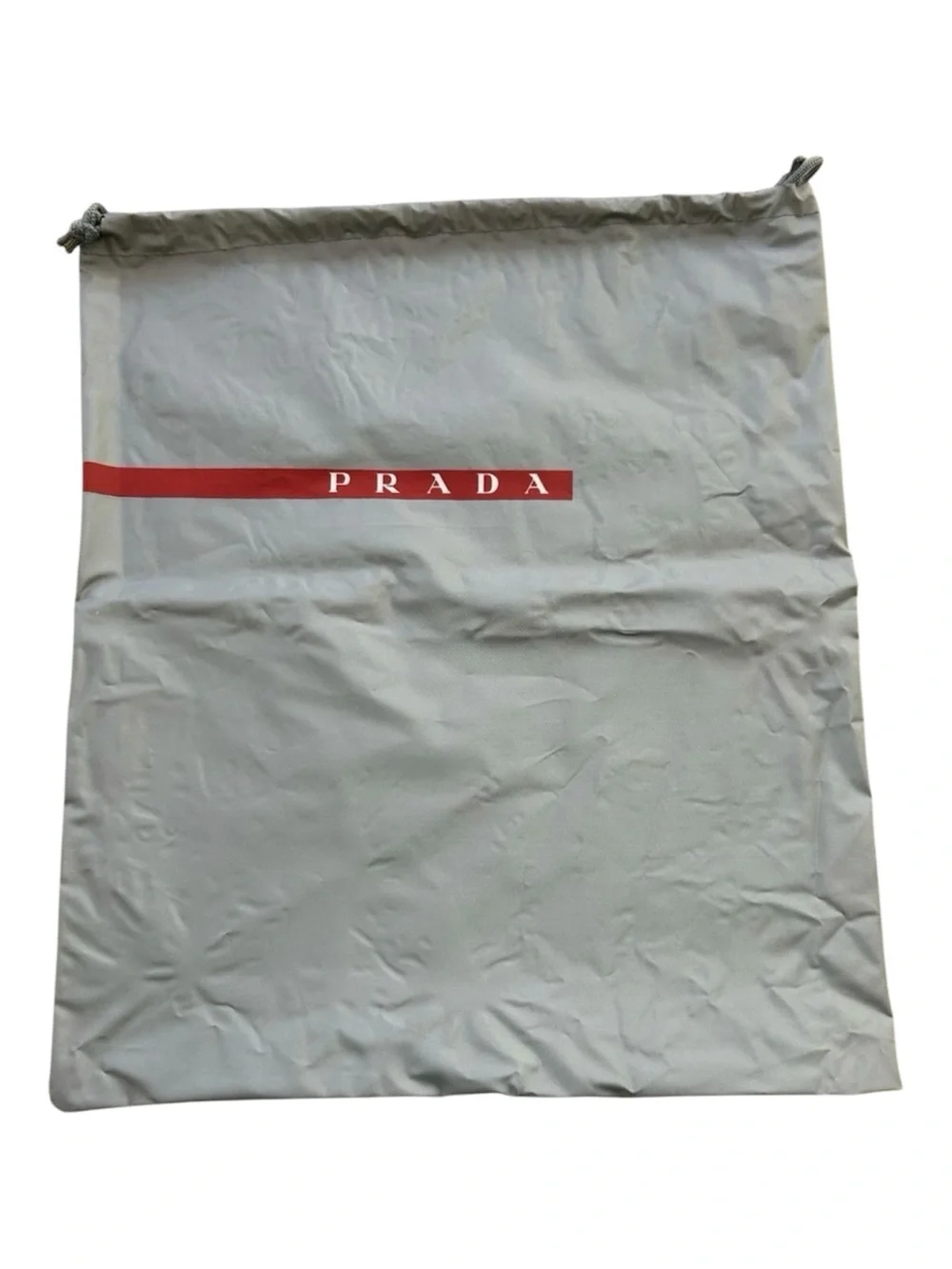 Prada Vinyl‎ Dust Storage Bag Silver Gray with Red Logo Drawstring 15” X 13”